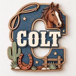 May include: A layered wooden wall sign shaped like the letter C, featuring the word COLT in cream-colored letters. The design includes a brown horse head, a coiled rope, a green cactus, a brown horseshoe, a wooden fence, and small stars.