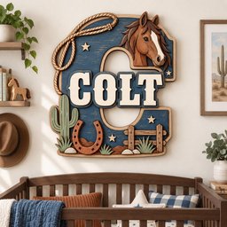 May include: A layered wooden wall sign shaped like the letter C, featuring a brown horse head, a coiled rope, a green cactus, a brown horseshoe, and a wooden fence. The word COLT is displayed in large, cream-colored block letters on a blue background.