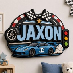 May include: A decorative wall sign featuring the name JAXON in large light blue letters. The design includes a blue race car with the number 33, two checkered flags, a gold star, a car tire, and a vertical traffic light with red, yellow, and green lights.