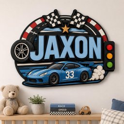 May include: A decorative wall sign featuring the name JAXON in large light blue letters. The design includes a blue race car with the number 33, a black tire, two checkered flags, a gold star, and a vertical traffic light with red, yellow, and green lights.