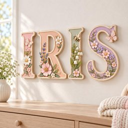 May include: Four decorative wall letters spelling IRIS, each featuring a unique pastel color scheme and floral motifs. The letters are adorned with sculpted flowers, leaves, a small bee, and butterflies, creating a dimensional botanical display.