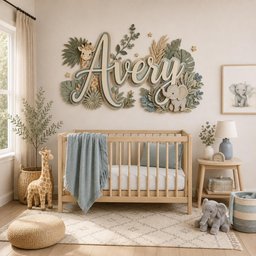 May include: A wall-mounted wooden sign featuring the name Avery in large, layered script lettering, surrounded by decorative cutouts of a giraffe, an elephant, and various tropical leaves in muted green, blue, and beige tones.