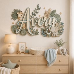 May include: A layered wooden wall sign featuring the name Avery in cursive script, decorated with a giraffe, an elephant, and various tropical leaves in shades of sage green, cream, and blue, accented with small wooden stars.