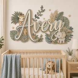 May include: A layered wooden wall sign featuring the name Avery in large script lettering, decorated with cutouts of a giraffe, an elephant, palm leaves, and small stars in shades of sage green, cream, and brown, mounted above a wooden crib.