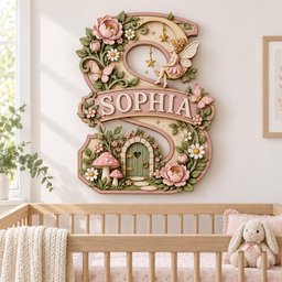 May include: A decorative wall plaque shaped like the letter S, featuring the name SOPHIA on a central banner. The design includes a fairy, pink flowers, butterflies, mushrooms, and a small green door with a heart cutout, all in soft pastel tones.