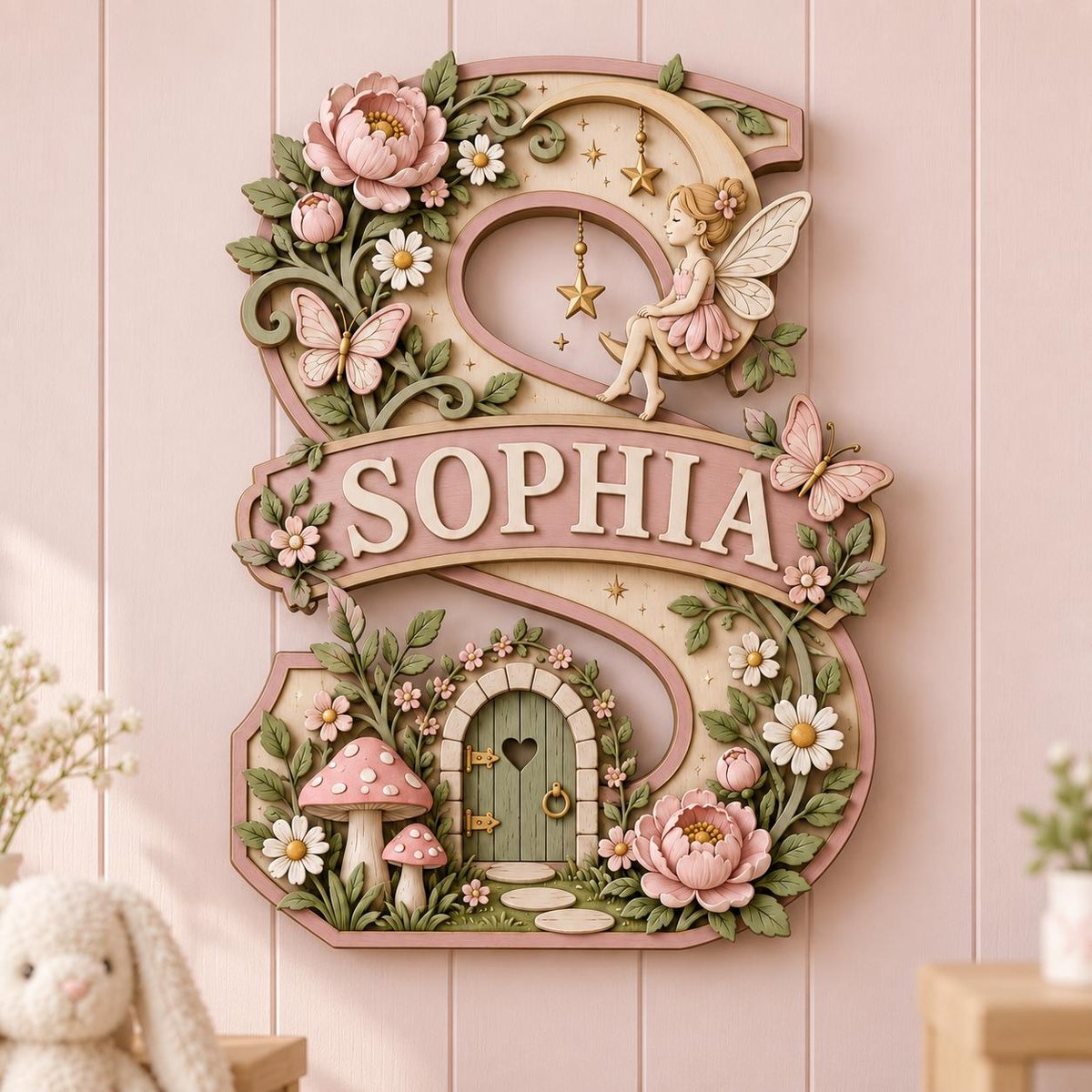 May include: A decorative wall plaque shaped like the letter S, featuring the name SOPHIA on a central banner. The design includes a fairy sitting on a crescent moon, pink peonies, white daisies, butterflies, mushrooms, and a small arched door.
