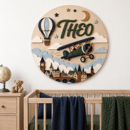 May include: A circular wooden wall plaque featuring the name THEO in dark green script. The design includes a layered 3D scene with a hot air balloon, a biplane, clouds, a crescent moon, stars, and a detailed cityscape with a clock tower.