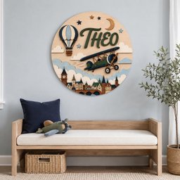 May include: A circular wooden wall sign featuring the name THEO in dark green letters. The design includes a layered hot air balloon, a biplane, clouds, a crescent moon, stars, and a detailed cityscape with a bridge at the bottom in shades of blue, green, and brown.