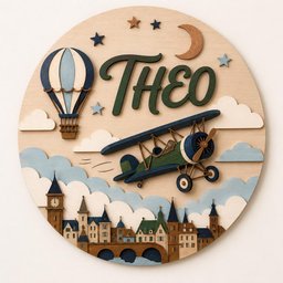 May include: A circular wooden wall plaque featuring the name THEO in dark green script. The design includes a layered hot air balloon, a biplane, a crescent moon, stars, and clouds above a detailed cityscape with a bridge and clock tower.