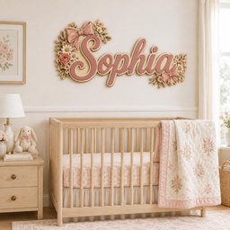 May include: A wall-mounted wooden sign displaying the name Sophia in cursive script, featuring layered dusty pink and cream tones. The sign is decorated with sculpted floral arrangements and bows on the left and right sides, creating a dimensional effect.