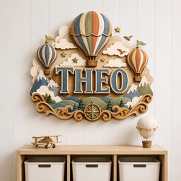 May include: A decorative wooden wall sign featuring the name THEO in large blue letters. The design includes three hot air balloons, white clouds, mountain peaks, evergreen trees, and a compass rose, all rendered in a layered, multi-colored finish.