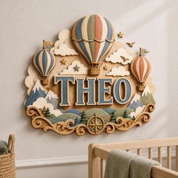 May include: A layered wooden wall sign featuring the name THEO in large blue letters. The design includes three hot air balloons, stylized clouds, snow-capped mountains, evergreen trees, and a compass rose, all rendered in muted earth tones.