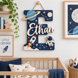 May include: A dark blue wooden letter E wall hanging featuring the name Ethan in white script. The letter is decorated with a layered planet with rings, a rocket ship, an astronaut, stars, constellations, and clouds, suspended by a rope.