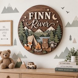 May include: A circular wooden wall sign featuring the name FINN River in layered wood. The design depicts a mountain landscape with a tent, a campfire, a bear, a fox, and a raccoon. The sign is decorated with stars and a crescent moon.