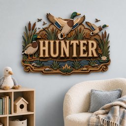 May include: A layered wooden wall sign featuring the word HUNTER in large block letters. The design includes three mallard ducks, cattails, and water elements in shades of brown, green, blue, and tan, crafted with a dimensional, carved appearance.