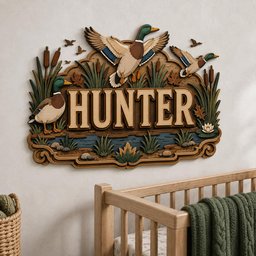 May include: A multi-layered wooden wall sign featuring the name HUNTER in large block letters. The design includes three mallard ducks, cattails, and water elements in shades of brown, green, and blue, creating a dimensional nature scene.