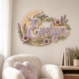 May include: A wooden wall sign featuring a crescent moon shape with the name Evelyn in raised lavender script lettering. The design is decorated with artificial lavender sprigs, light purple flowers, green eucalyptus leaves, and a small dragonfly.