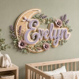May include: A wall-mounted wooden crescent moon sign featuring the name Evelyn in raised lavender script lettering. The moon is decorated with artificial lavender sprigs, light purple flowers, green eucalyptus leaves, and a small dragonfly.