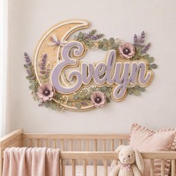May include: A wall-mounted wooden sign shaped like a crescent moon featuring the name Evelyn in large, light purple script lettering. The sign is decorated with artificial lavender sprigs, green eucalyptus leaves, and light pink flowers.