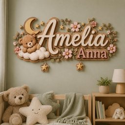 May include: A wall-mounted wooden sign featuring the names Amelia and Anna in layered script and block lettering. The design includes a brown teddy bear resting on a white cloud, a yellow crescent moon, pink flowers, and hanging stars.