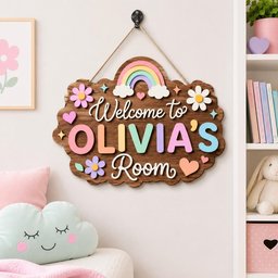 May include: A dark wood wall sign with a scalloped edge featuring a pastel rainbow, flowers, and hearts. The text reads Welcome to OLIVIA'S Room in white and colorful block letters. The sign hangs from a jute rope attached to a black wall hook.