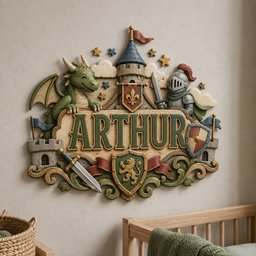 May include: A decorative wall plaque featuring the name ARTHUR in large green letters. The design includes a green dragon, a knight in silver armor holding a sword, a stone castle tower, a shield with a lion emblem, and small gold stars.