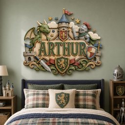 May include: A decorative wall plaque featuring the name ARTHUR in large green letters. The design includes a green dragon, a knight in armor holding a sword, a castle tower, and a shield with a lion emblem, all rendered in a relief style.