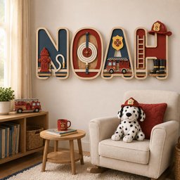 May include: A wall-mounted wooden sign spelling the name NOAH in large letters, featuring a fire hydrant, a fire hose, a fire truck, a ladder, a helmet, and boots. The letters are decorated with red, blue, and cream colors in a fire station theme.
