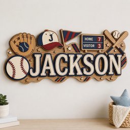 May include: A layered wooden wall sign featuring the name JACKSON in large letters, decorated with baseball-themed elements including a glove, a baseball, a cap with the letter J, a pennant, a scoreboard reading HOME 7 VISITOR 3, and bats.