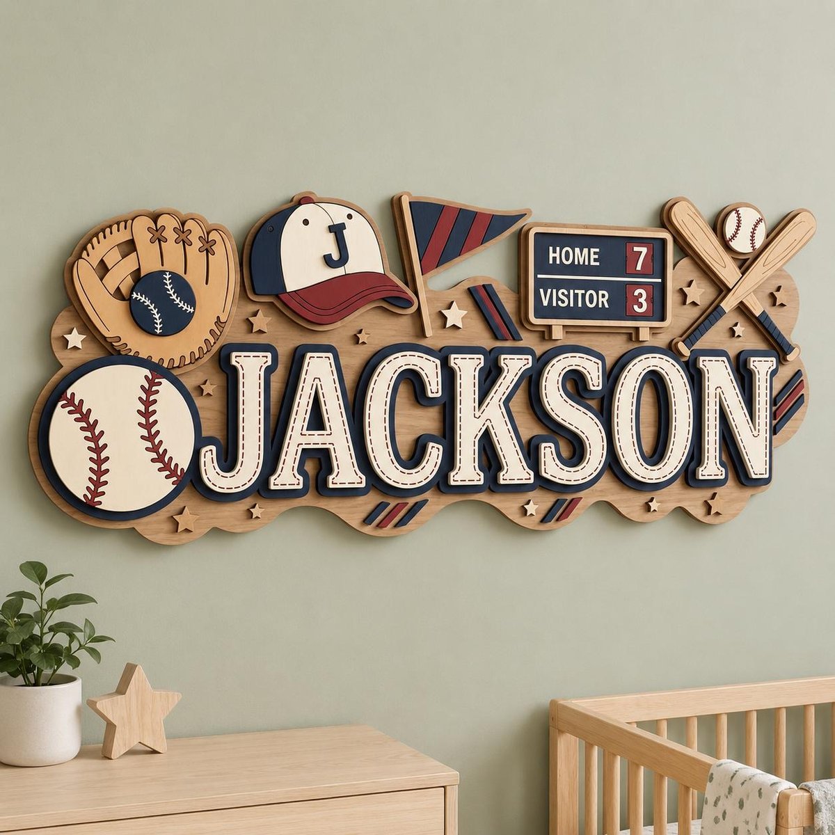 May include: A layered wooden wall sign featuring the name JACKSON in large letters, decorated with baseball-themed elements including a glove, a baseball, a cap with the letter J, a pennant, a scoreboard showing 7 and 3, and crossed bats.
