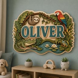 May include: A wooden wall sign featuring the name OLIVER in large teal letters. The design includes a brown sloth, a green crocodile, a colorful red and blue parrot, and a small frog, all surrounded by carved jungle leaves and a blue water stream.