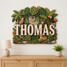 May include: A layered wooden wall sign featuring the name THOMAS in large cream-colored letters. The design includes a jungle theme with a green palm tree, a colorful parrot, a hanging sloth, a monkey, a toucan, and a spotted leopard among leaves.