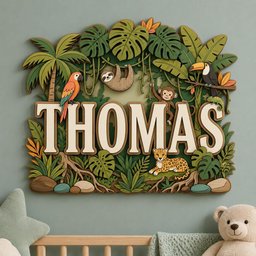 May include: A multi-layered wooden wall sign featuring the name THOMAS in large white letters. The design includes a jungle theme with a parrot, sloth, monkey, toucan, leopard, and various green tropical leaves, palm trees, and brown rocks.