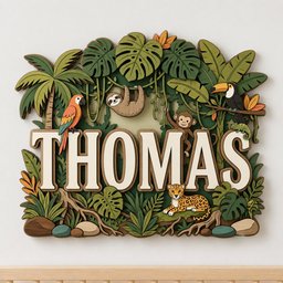 May include: A layered wooden wall sign featuring the name THOMAS in large cream letters. The design includes a jungle theme with a parrot, sloth, monkey, toucan, and leopard surrounded by green palm leaves, vines, and rocks in various shades.