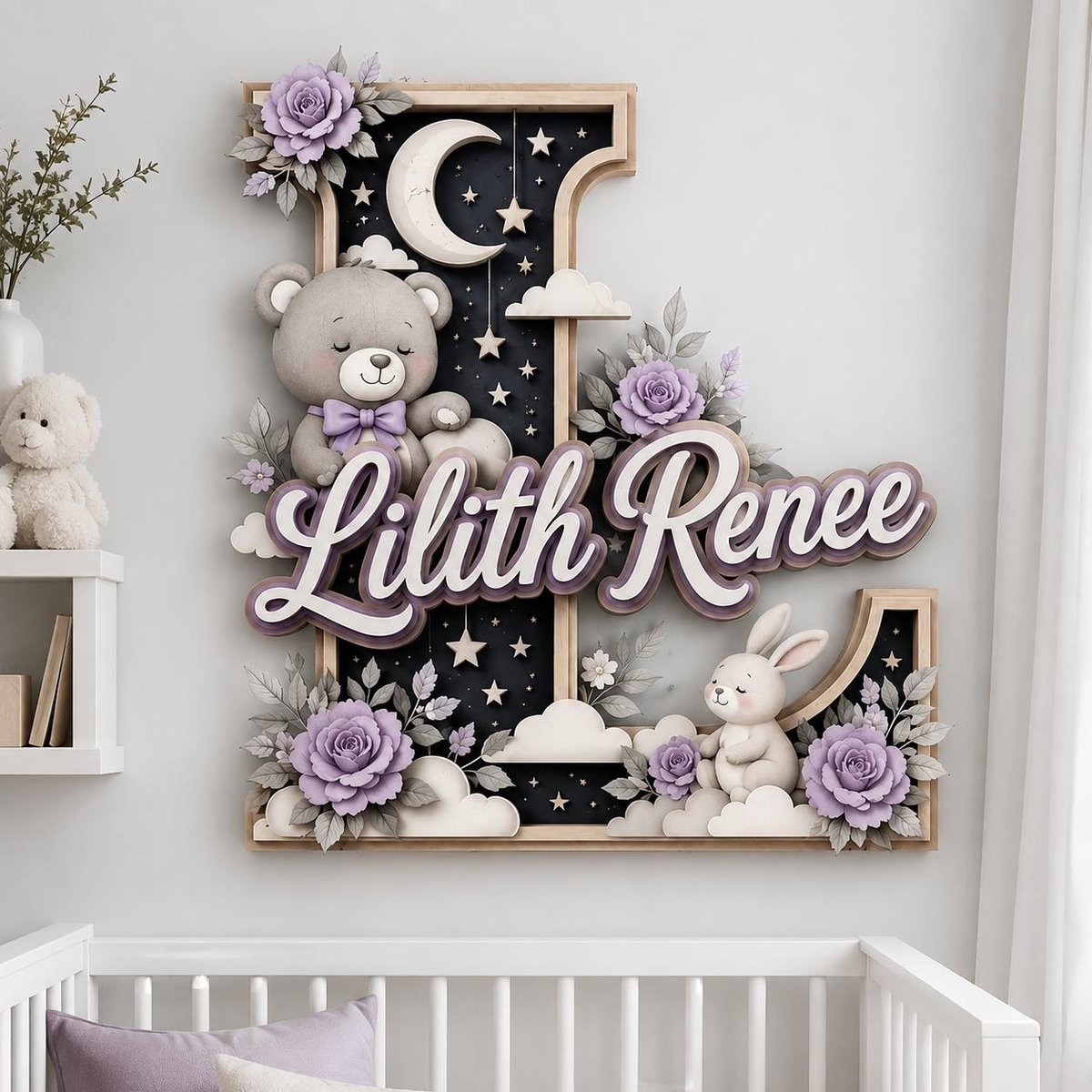 May include: A large wooden letter L wall decoration featuring a dark background with a crescent moon, stars, and clouds. It includes a grey teddy bear, a white rabbit, and purple roses. The name Lilith Renee is written in white script lettering.
