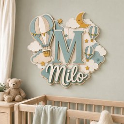 May include: A layered wooden wall sign featuring the letter M and the name Milo in script. The design includes blue and white hot air balloons, white clouds, yellow stars, and a yellow crescent moon with a closed eye, all in a soft color palette.