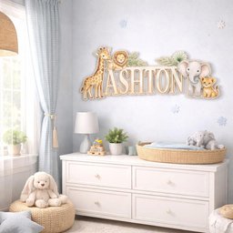 May include: A wooden sign with the name "ASHTON" in large, light-colored letters, flanked by illustrations of a giraffe, lion, elephant, and lion cub. The sign is decorated with green foliage and is mounted on a light blue wall.