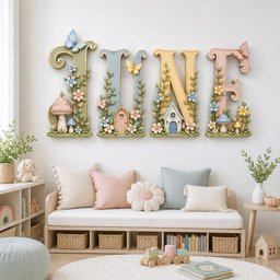 May include: Four large, decorative wall letters spelling the word JUNE, each featuring pastel colors, sculpted vines, small flowers, butterflies, and miniature house or mushroom motifs attached to the front of the letters in a whimsical, dimensional style.
