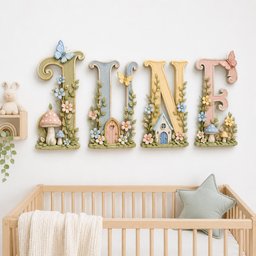 May include: Four decorative wall letters spelling JUNE, each featuring pastel colors, sculpted vines, small flowers, butterflies, and miniature structures like mushrooms and houses. The letters are mounted on a wall above a wooden crib with a star pillow.