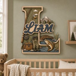 May include: A large wooden letter L wall sign featuring the name LIAM in dark blue script. The design includes a fishing rod, a woven creel, green waders, a jumping trout in a blue river, a wooden bridge, and mountain scenery with pine trees.