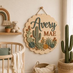May include: A circular wooden wall sign with a scalloped edge featuring the name Avery MAE in raised dark teal and terracotta lettering. The sign is decorated with layered wooden cutouts of various cacti, succulents, and small flowers.