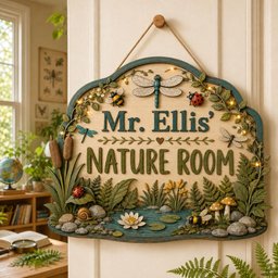 May include: A decorative wall sign with a light wood-toned center featuring the text Mr. Ellis' NATURE ROOM in dark green letters. The sign is framed in dark teal and adorned with 3D sculpted insects, plants, cattails, and a pond with lights.
