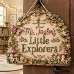 May include: A wooden wall sign featuring the text Ms. Taylor's Little Explorers, decorated with a dragonfly, butterfly, bee, snail, ladybug, mushrooms, and flowers. The arched sign includes integrated warm lights and a rope for hanging.
