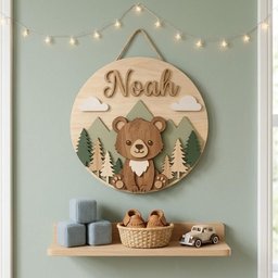 May include: Wooden round wall decor with the name "Noah" in script. The design features a bear, mountains, clouds, and trees. The color palette includes brown, green, and white. The sign is hanging on a light green wall.