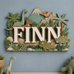 May include: A layered wooden wall sign featuring the name FINN in large white letters. The design includes green mountains, palm trees, ferns, and various dinosaurs including a long-necked sauropod, a T-Rex, a triceratops, and a pterodactyl.