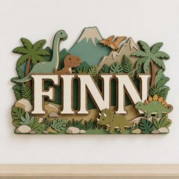 May include: A layered wooden wall sign featuring the name FINN in large cream-colored letters. The design includes green palm trees, a volcano, and various dinosaurs including a long-necked sauropod, a T-Rex, a pterodactyl, and a triceratops.