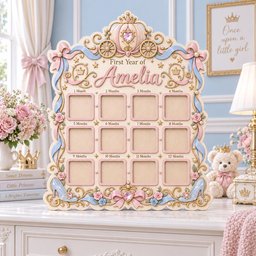 May include: A wooden baby milestone photo frame featuring a carriage design at the top, pink and blue ribbons, floral accents, and twelve square openings labeled from 1 Month to 12 Months. The center displays the text First Year of Amelia.