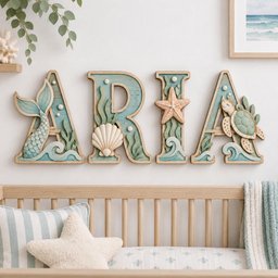 May include: Four wooden letters spelling ARIA, each featuring a layered ocean theme. The letter A displays a mermaid tail, R features a seashell, I shows a starfish, and A includes a sea turtle, all in shades of teal, blue, and cream.