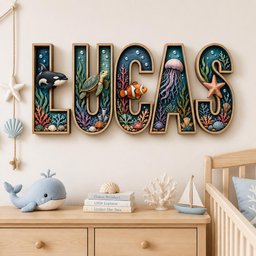 May include: A wall-mounted wooden sign spelling the name LUCAS, where each letter is a shadow box containing an underwater scene with sea creatures including an orca, sea turtle, clownfish, jellyfish, and starfish amidst coral and seashells.