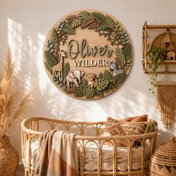 May include: A round wooden sign with the name "Oliver Wilder" in green script, surrounded by a jungle-themed design. The design includes a giraffe, elephant, lion cub, zebra, and monkey, along with green leaves. The sign is displayed above a wicker crib.